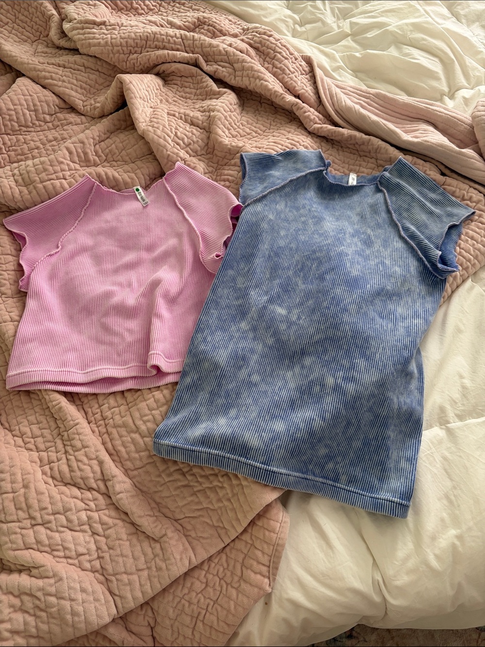 Zenana Outfitters Short-Sleeve Ribbed Tee in Pink and Blue